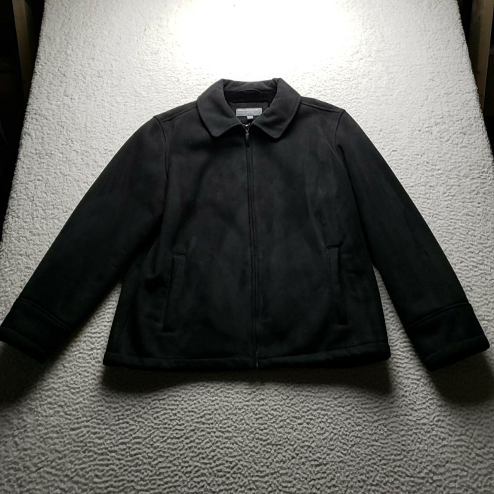 Perry Ellis Portfolio Jacket Mens Large Black Faux Suede Faux Fur Lined Bomber